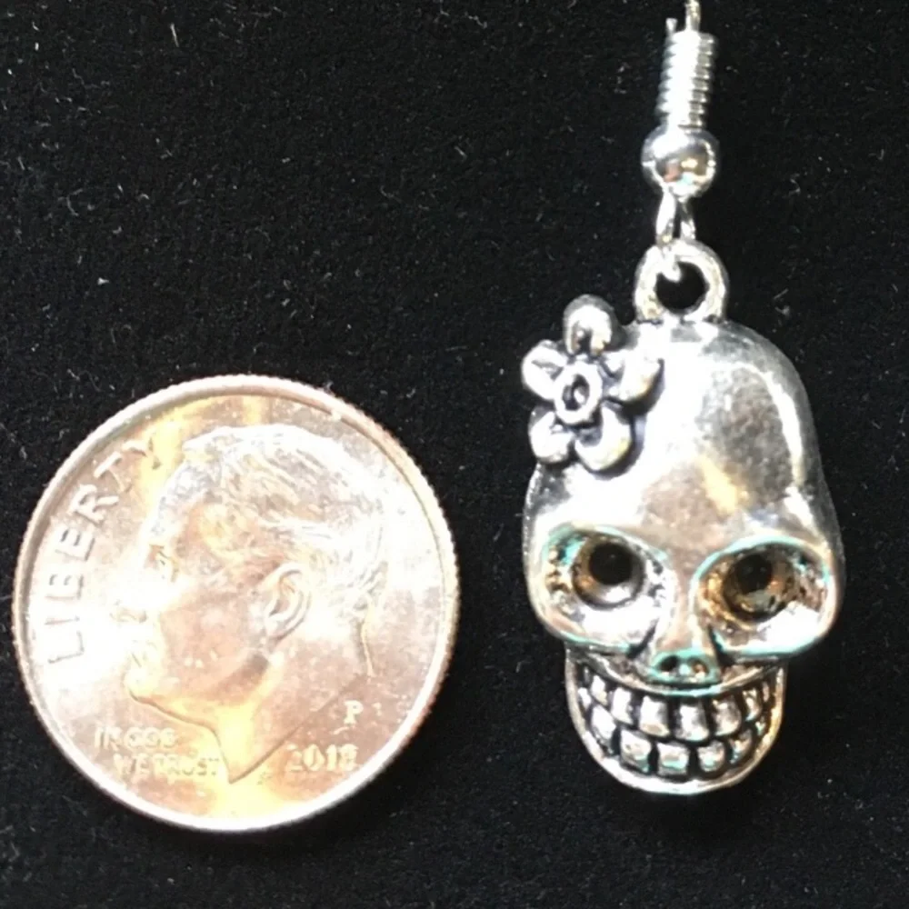 New Silver Sugar Skull Day of the Dead Dangle Earrings Boho Goth Punk Vibes